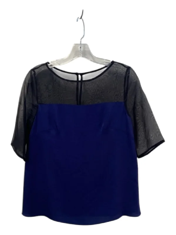 Milly Size S Black & Navy Silk Round Neck Short Sleeve Keyhole Back Top