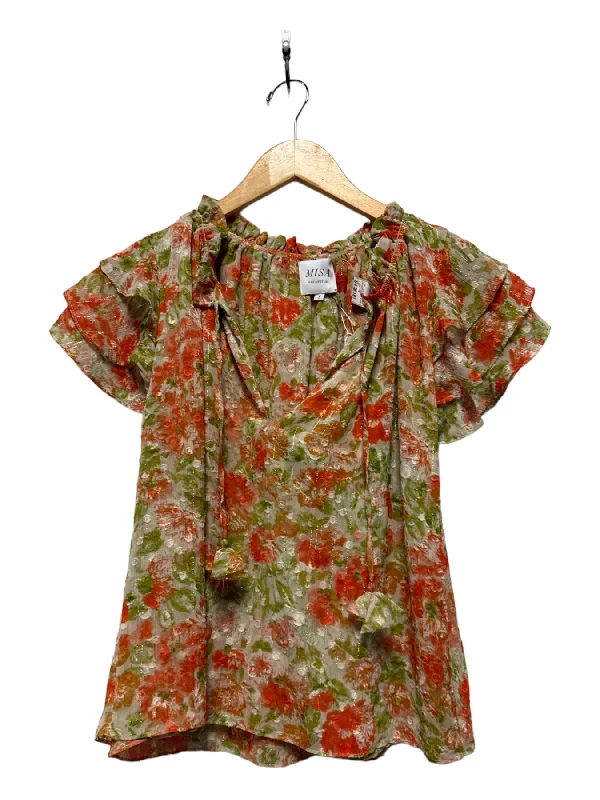 Misa Size S Orange & Green Polyester Short Sleeve Flowers Metallic Top