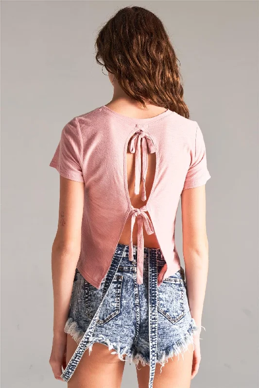 Misty Rose Short Sleeve Cut-Out Back Self-Tie Back Tee