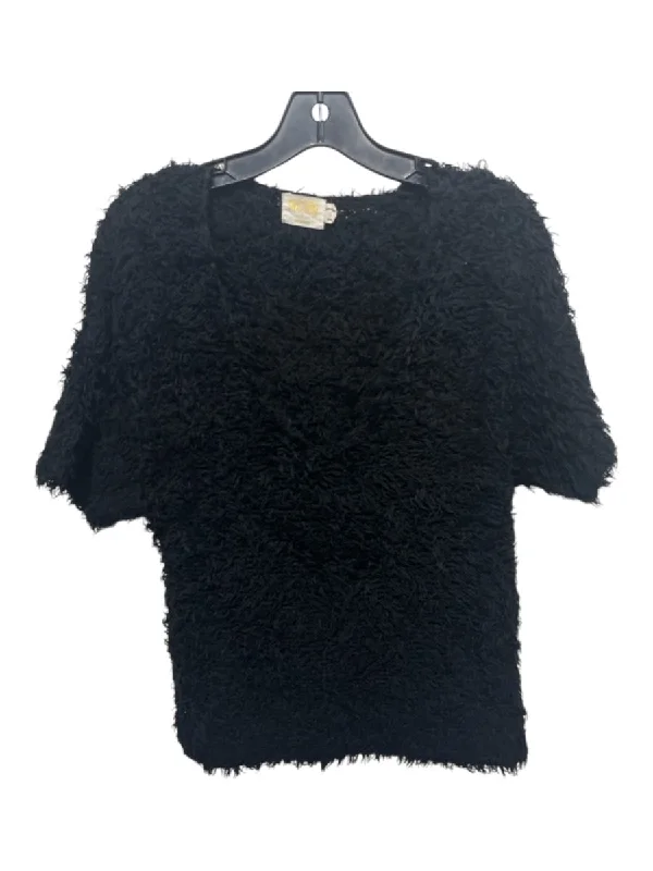 Nation Size S Black Cotton Distressed Boat Neck Fuzzy short sleeve Top