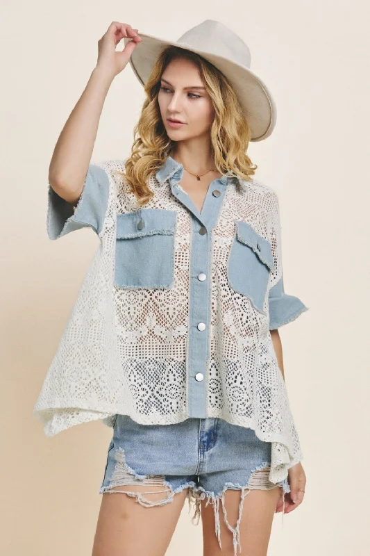 ODDI Button Up Short Sleeve Lace Shirt