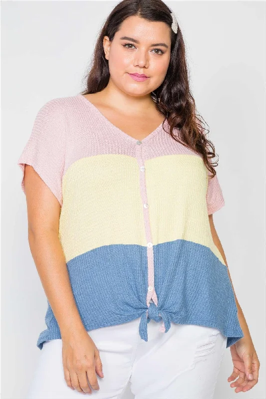 Plus Size Colorblock Button-Front Short Sleeve Top