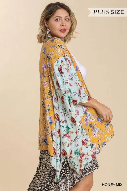 Plus size Mixed Floral Print Open Front Short Sleeve Kimono in honey