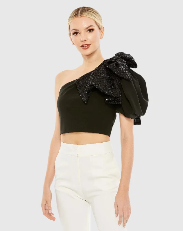 One Shoulder Sequin Bow Short Sleeve Top - FINAL SALE