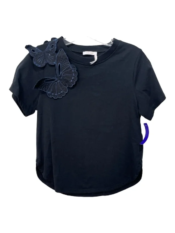 See By Chloe Size Small Black Cotton Short Sleeve Butterfly Applique Top