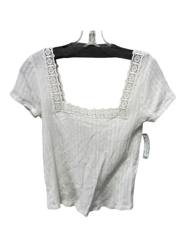 Sezane Size XS White Cotton Pointelle Square Neck Short Sleeve Lace Trim Top