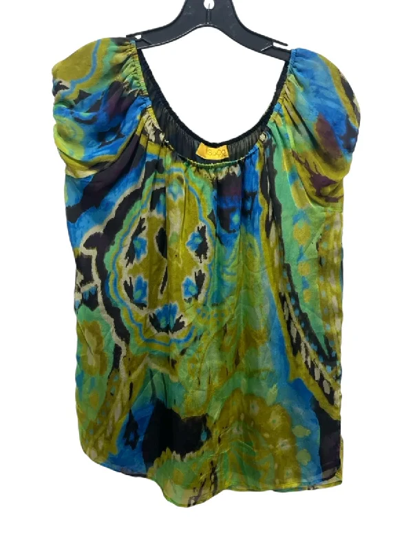 SOCA St John Size S Green & Blue Silk Abstract Wide Neck Short Sleeve Top