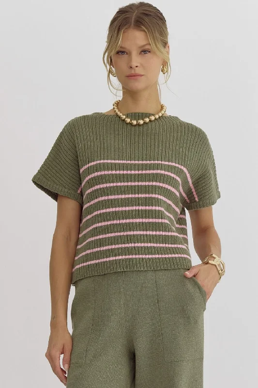 Striped Knit Short Sleeve Sweater {Olive}