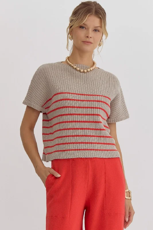 Striped Knit Short Sleeve Sweater {Red}