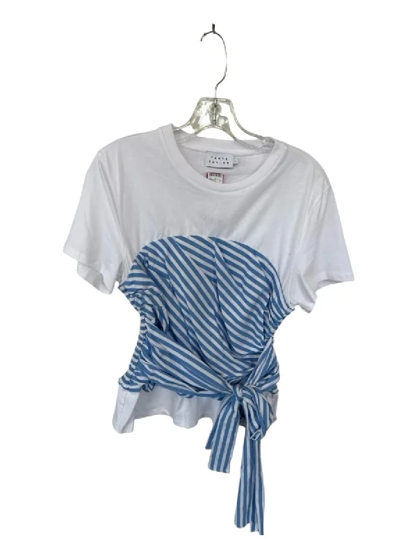 Tanya Taylor Size S White & Blue Organic Cotton Short Sleeve Striped Top