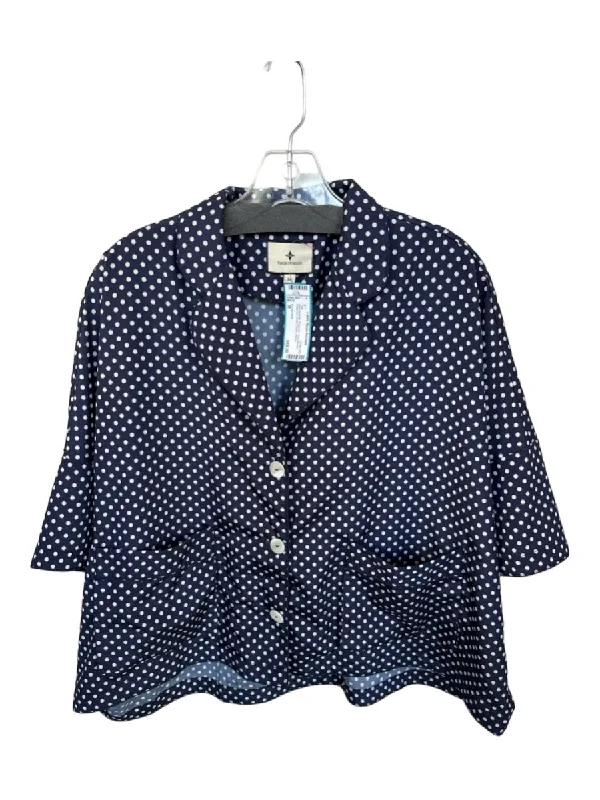 Tuckernuck Size M Navy & white Polyester Short Sleeve Polka Dot Button Down Top