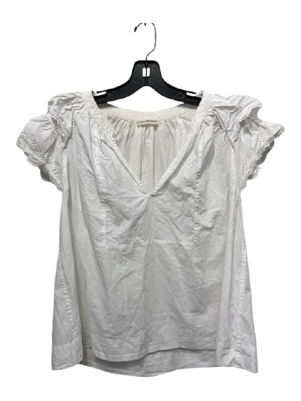 Ulla Johnson Size 12 White Cotton Ruffle Sleeves Eyelet Tassels short sleeve Top