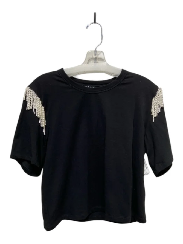 Veronica Beard Size S Black Cotton Pearl Fringe Short Sleeve Top