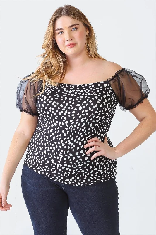 Plus Size Black Polka Dot Organza Puff Short Sleeve Top