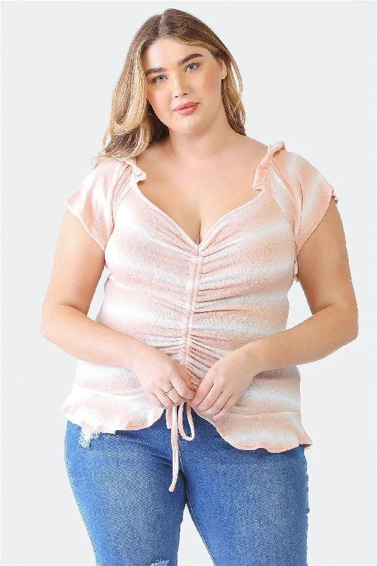 Plus Size Striped Peach Ruffle Ruched Short Sleeve Top