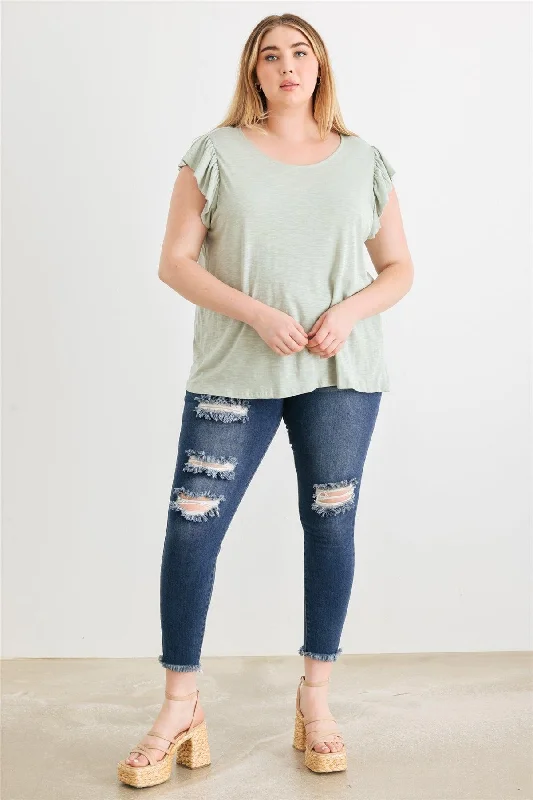 Junior Plus Sage Short Sleeve Round Neck Relaxed Top /3-2-1