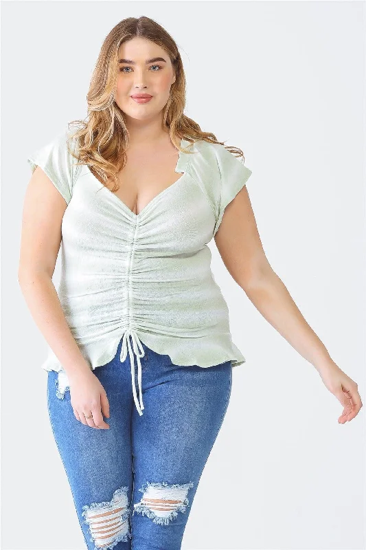 Plus Size Sage Striped Ruffle Ruched Short Sleeve Top