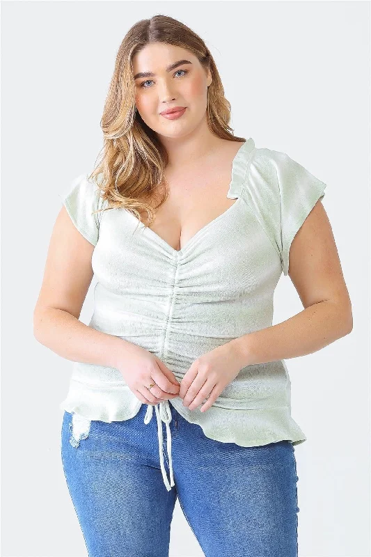 Plus Size Striped Sage Ruffle Ruched Short Sleeve Top