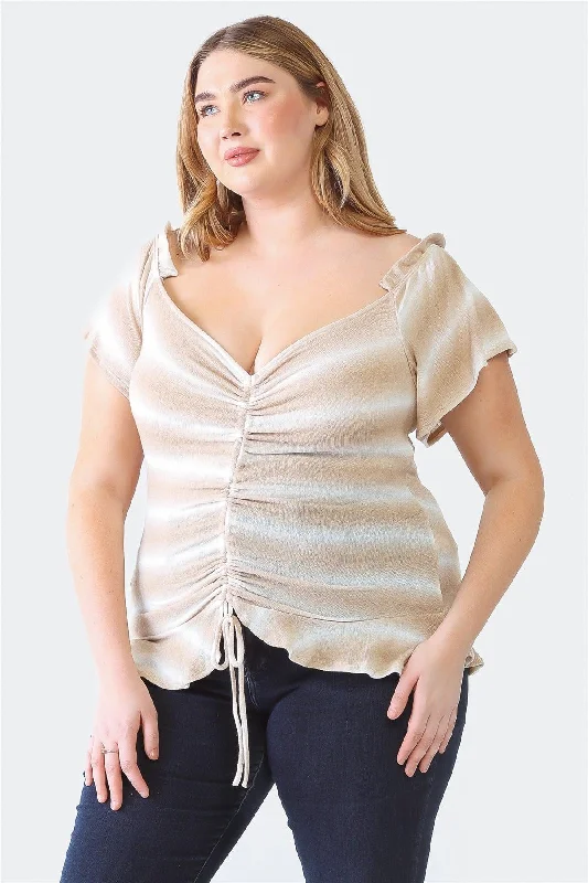 Plus Size Striped Taupe Ruffle Ruched Short Sleeve Top