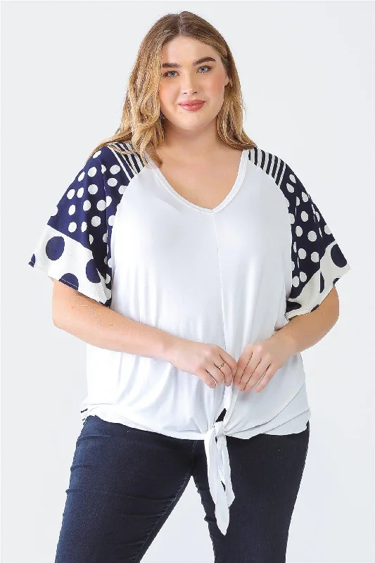 Plus Size Polka Dot Short Sleeve Self-Tie Hem Top /1-1-1